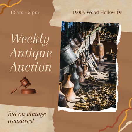 Announcement Of Weekly Antique Auction With Jugs Animated Post Design Template