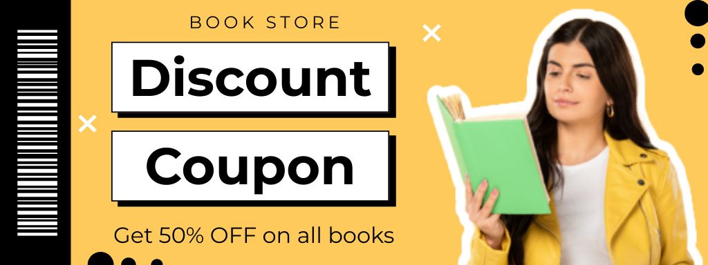 Book Store Ad with Woman reading Coupon Design Template