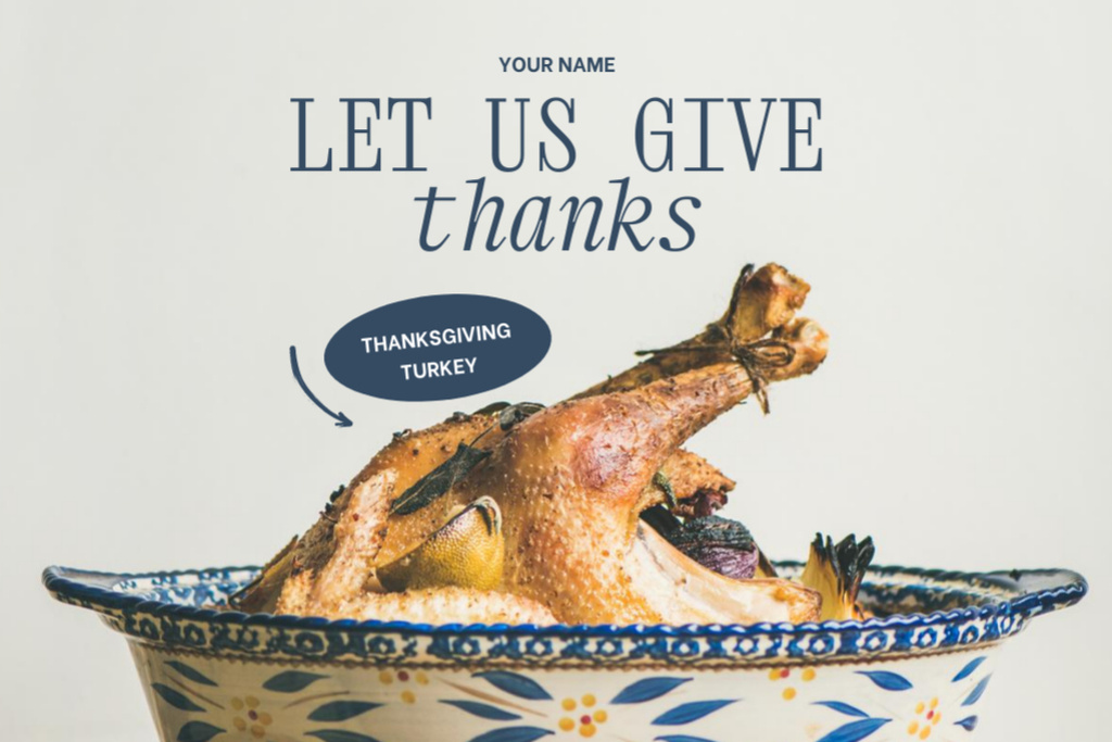 Grilled Appetizing Turkey in Blue Patterned Plate Flyer 4x6in Horizontal Design Template