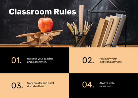 Efficient Classroom Rules with Stationery and Toy Plane on Table Poster A2 Horizontal Design Template