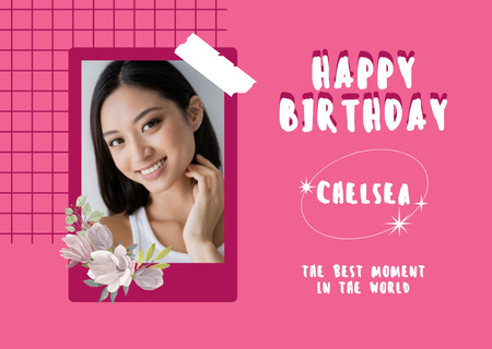 Photo of Asian Birthday Girl on Pink Card Design Template