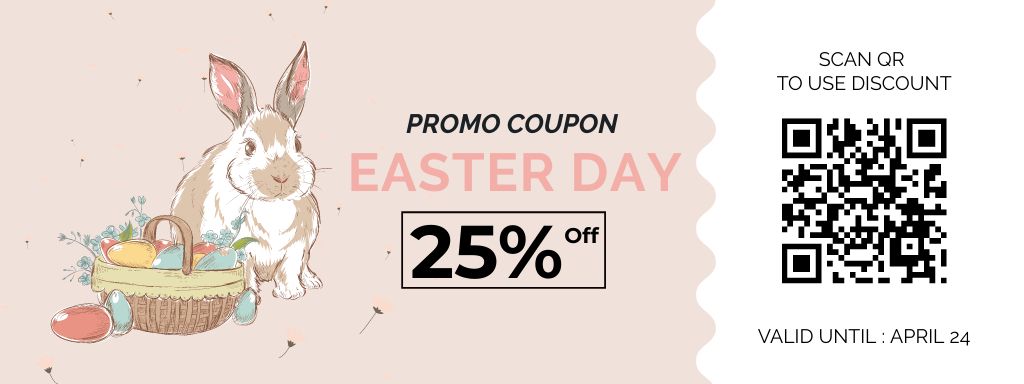 Easter Sale Offer with Rabbit and Basket Full of Decorated Eggs Coupon Design Template