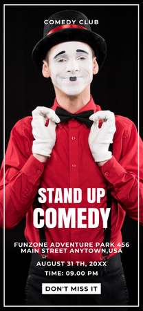 Stand-up show-hirdetés piros jelmezben lévő mim-mel Snapchat Geofilter tervezősablon