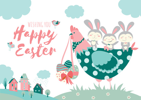 Plantilla de diseño de Felices Deseos de Pascua con Pollo y Conejitos Postcard 