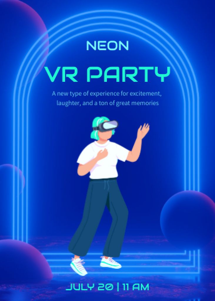 Platilla de diseño Virtual Party Announcement with Woman in Neon Frame Invitation