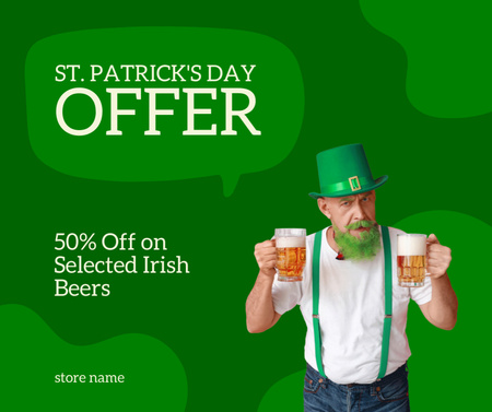 St. Patrick's Day Beer Discount Offer with Bearded Man Facebook Design Template
