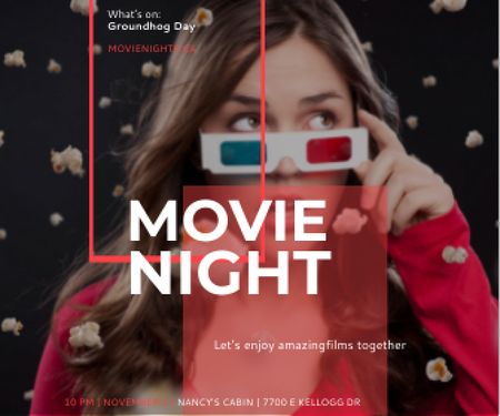 Ontwerpsjabloon van Large Rectangle van Movie Night Event Woman in 3d Glasses