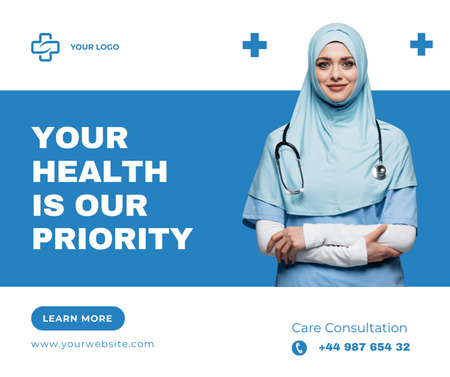 Healthcare Clinic Ad with Woman Doctor Facebook Design Template