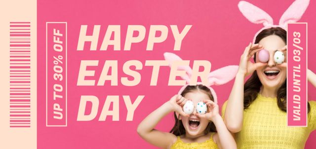 Easter Promotion with Happy Mother and Daughter in Bunny Ears with Easter Eggs Coupon Din Large Design Template