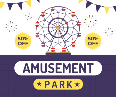 Colorful Ferris Wheel In Amusement Park At Half Price Facebook Design Template