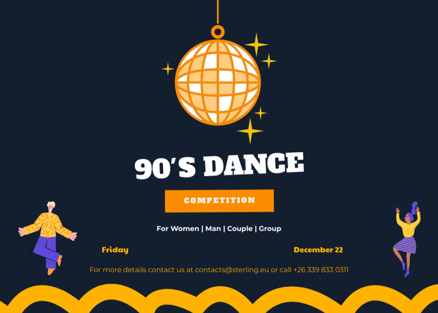90's Dance Competition Announcement With Disco Ball Flyer 5x7in Horizontalデザインテンプレート