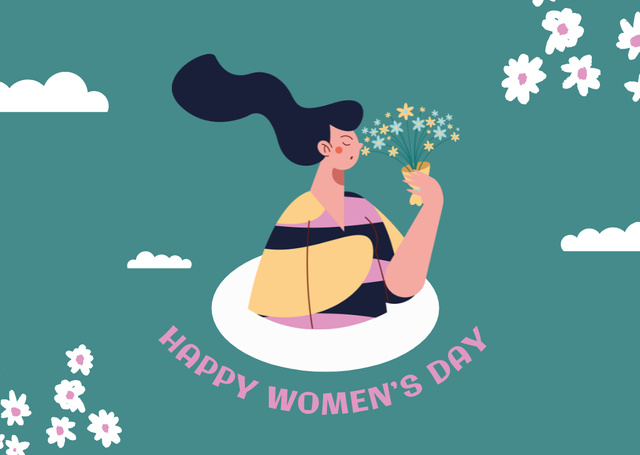 Women's Day Greeting with Woman holding Tender Flowers Card Design Template