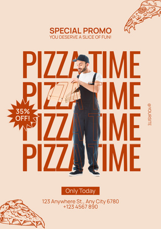 Modèle de visuel Temps de pizza à prix réduit avec coursier en uniforme - Poster
