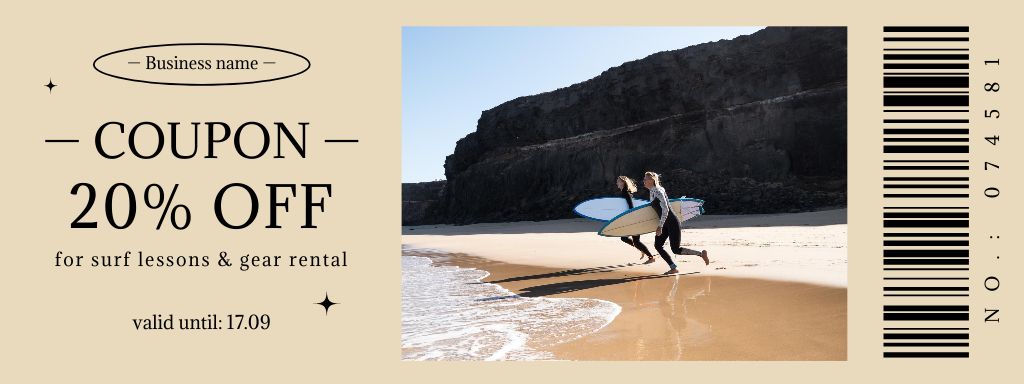 Plantilla de diseño de Surfing Lessons and Equipment Offer with People on Beach Coupon 