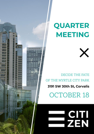 Quarter Meeting Announcement with City Buildings Poster A3 Design Template