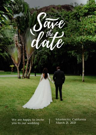 Plantilla de diseño de Save the Date Event Announcement with Beautiful Newlyweds Invitation 