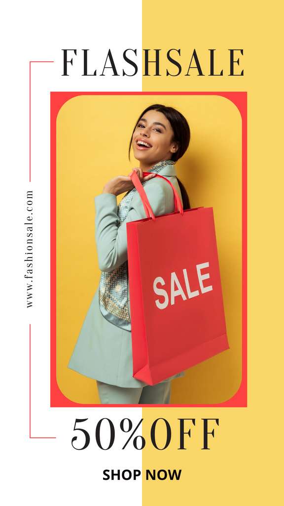 Sale Announcement with Young Woman with Shopping Bag Instagram Story Design Template