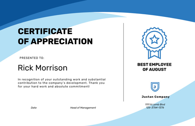 Best Employee Appreciation in Blue Certificate 5.5x8.5in Design Template