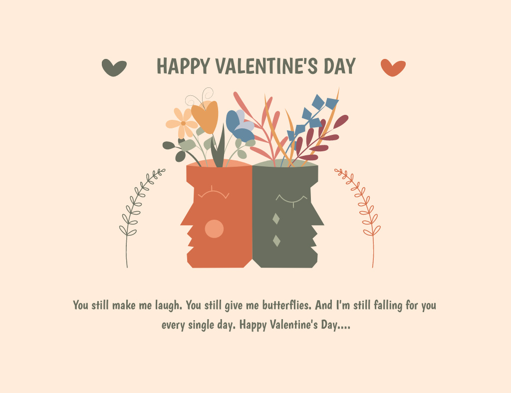 Valentine's Day Greetings with Male and Female Profiles Thank You Card 5.5x4in Horizontal Modelo de Design