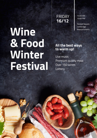 Designvorlage Einladung zum Food Festival mit einer Flasche Wein und Snacks für Poster