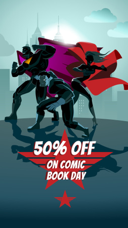 Comic Book Day Discount Offer with Superheroes Instagram Story tervezősablon