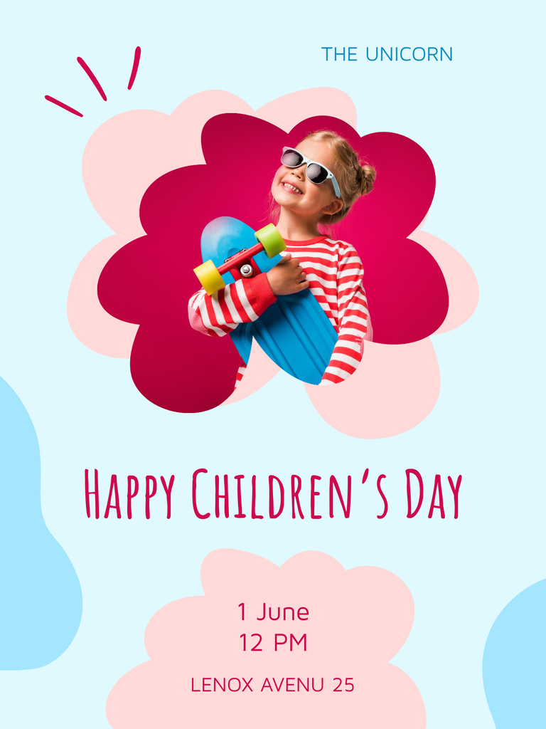 Little Girl with Skateboard on Children's Day Holiday Poster US Πρότυπο σχεδίασης