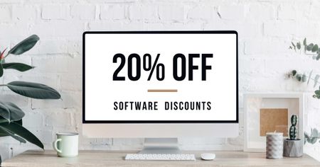 Software Discount Offer with Minimalistic Workplace Facebook AD Design Template