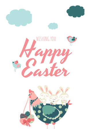 Easter Wishes With Chicken And Bunnies Postcard A6 Vertical Tasarım Şablonu