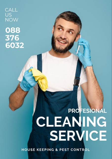 Cleaning Service Offer with Smiling Man in Gloves and Uniform Flyer A6 Tasarım Şablonu
