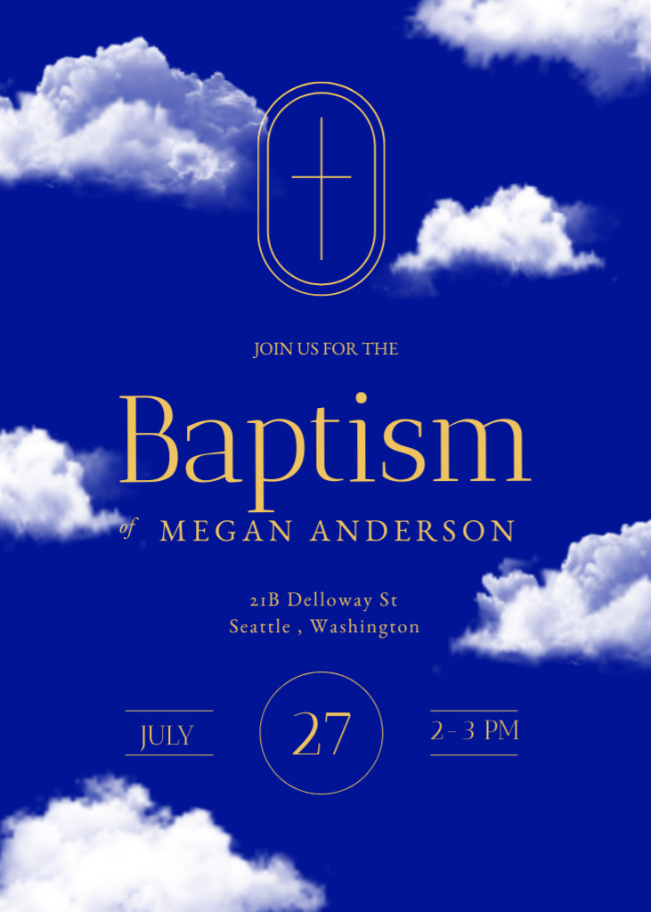 Baptism Sacrament Announcement with Clouds in Sky In Blue Invitation Design Template