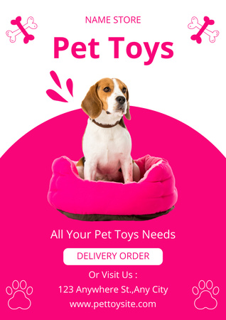 Оголошення роздрібної торгівлі іграшками та ліжками для домашніх тварин на Purple Poster – шаблон для дизайну