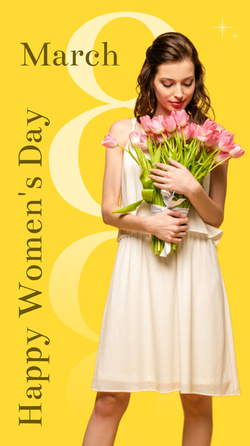 Young Woman with Tender Roses Bouquet on Women's Day Instagram Story Design Template