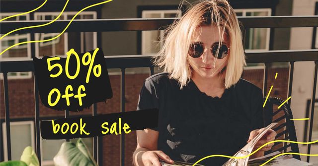 Books Sale Discount Offer with Woman reading Facebook AD Tasarım Şablonu