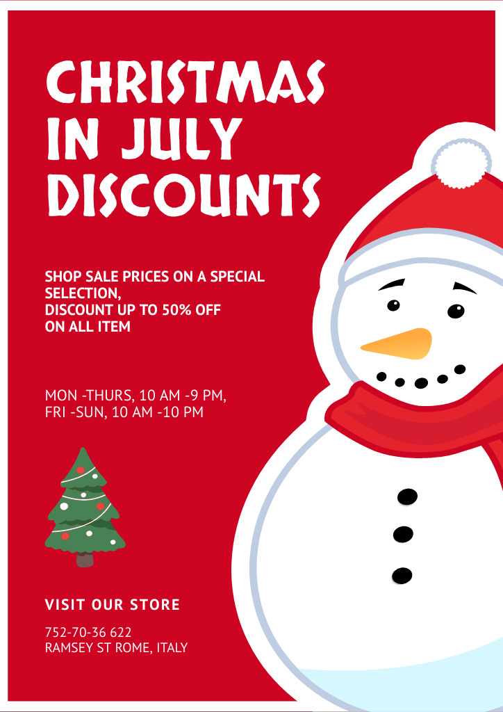  Christmas Sale Announcement in July with Cute Snowman Flyer A4 Πρότυπο σχεδίασης
