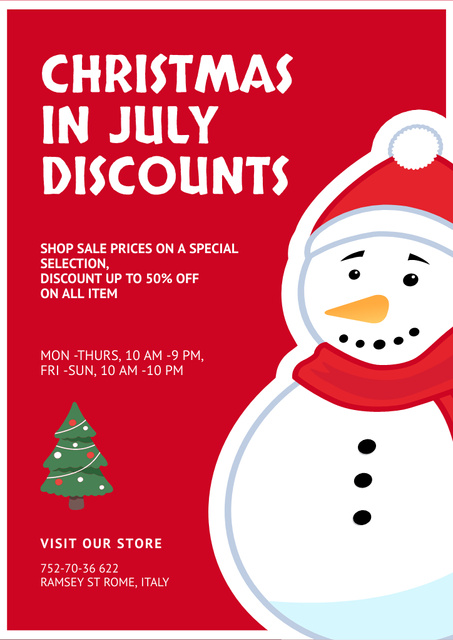  Christmas Sale Announcement in July with Cute Snowman Flyer A4 Πρότυπο σχεδίασης