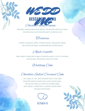 Lista de sobremesas de casamento em manchas azuis de aquarela Menu 8.5x11in Modelo de Design