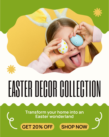 Modèle de visuel Promo de la collection de décorations de Pâques avec une jolie fille aux oreilles de lapin - Instagram Post Vertical