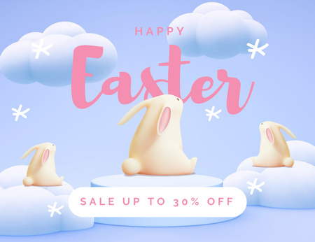 Designvorlage Osterferien-Verkaufsmitteilung mit dekorativen Kaninchen auf Wolken für Thank You Card 5.5x4in Horizontal