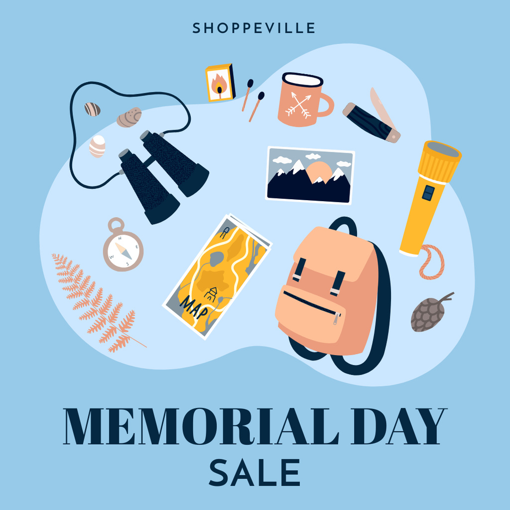 Memorial Day Sale Announcement with Diverse Tourist Equipment Instagramデザインテンプレート