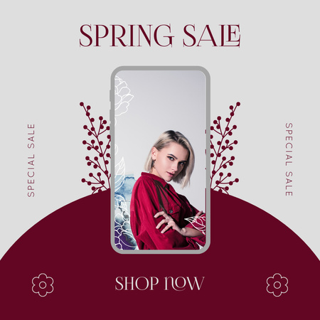 Spring Sale with Young Blonde Woman in Red Instagram Design Template