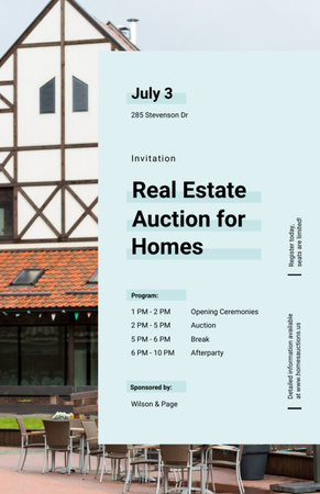 Old House Facade For Real Estate Auction In Blue Invitation 5.5x8.5in Šablona návrhu