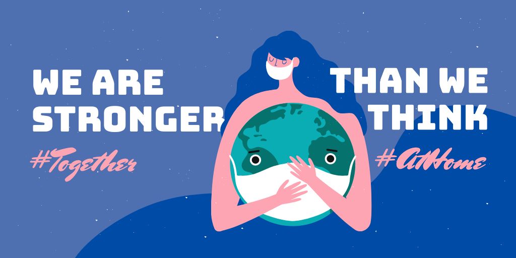 Platilla de diseño #TogetherAtHome Inspirational Quote with Girl holding Earth in mask Twitter