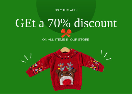 Funny Christmas Sweater with Deer on Green Flyer 8.5x11in Horizontal Tasarım Şablonu