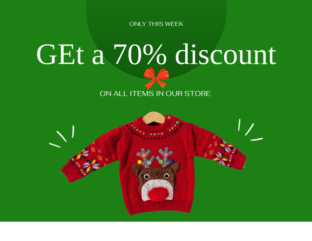 Funny Christmas Sweater with Deer on Green Flyer 8.5x11in Horizontal tervezősablon