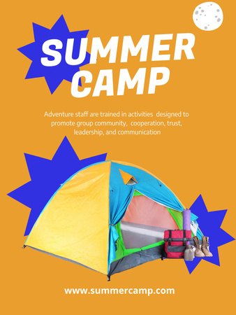 Anúncio de acampamento de verão com barraca e equipamentos amarelos Poster US Modelo de Design
