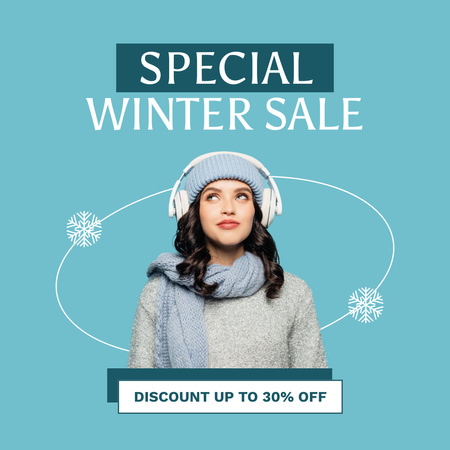 Special Winter Sale Announcement with Woman Wearing Headphones Instagram Design Template