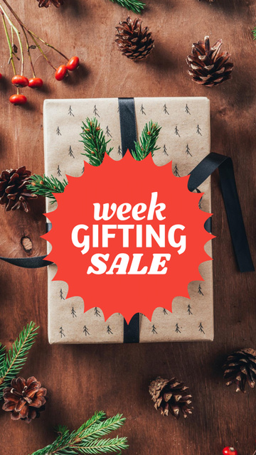 Plantilla de diseño de Winter Holiday Sale with Gift and Pine Cones Instagram Story 