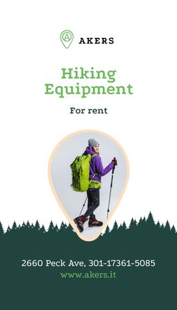 Platilla de diseño Hiking Equipment Ad with Backpacker Woman Business Card US Vertical