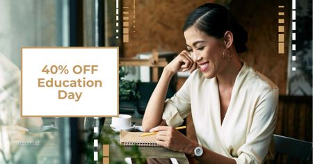 Education Day Offer with Woman making Notes Facebook AD Design Template