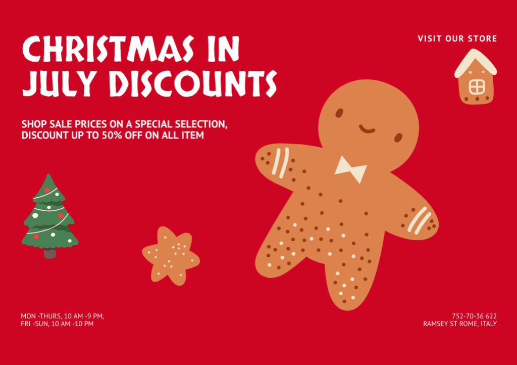 Christmas Sale Announcement in July with Illustrated Gingerbread Flyer A5 Horizontal tervezősablon